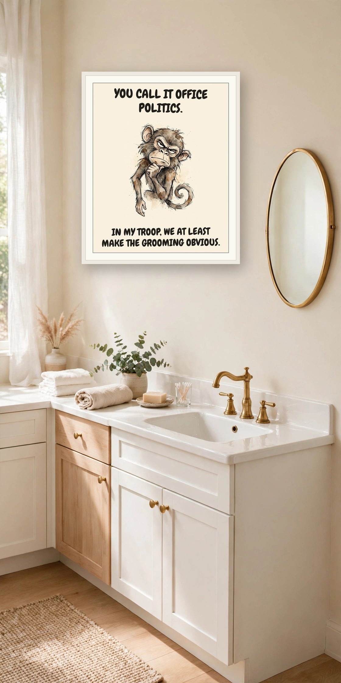 The same print shown hanging in an office — frame for display only, not included