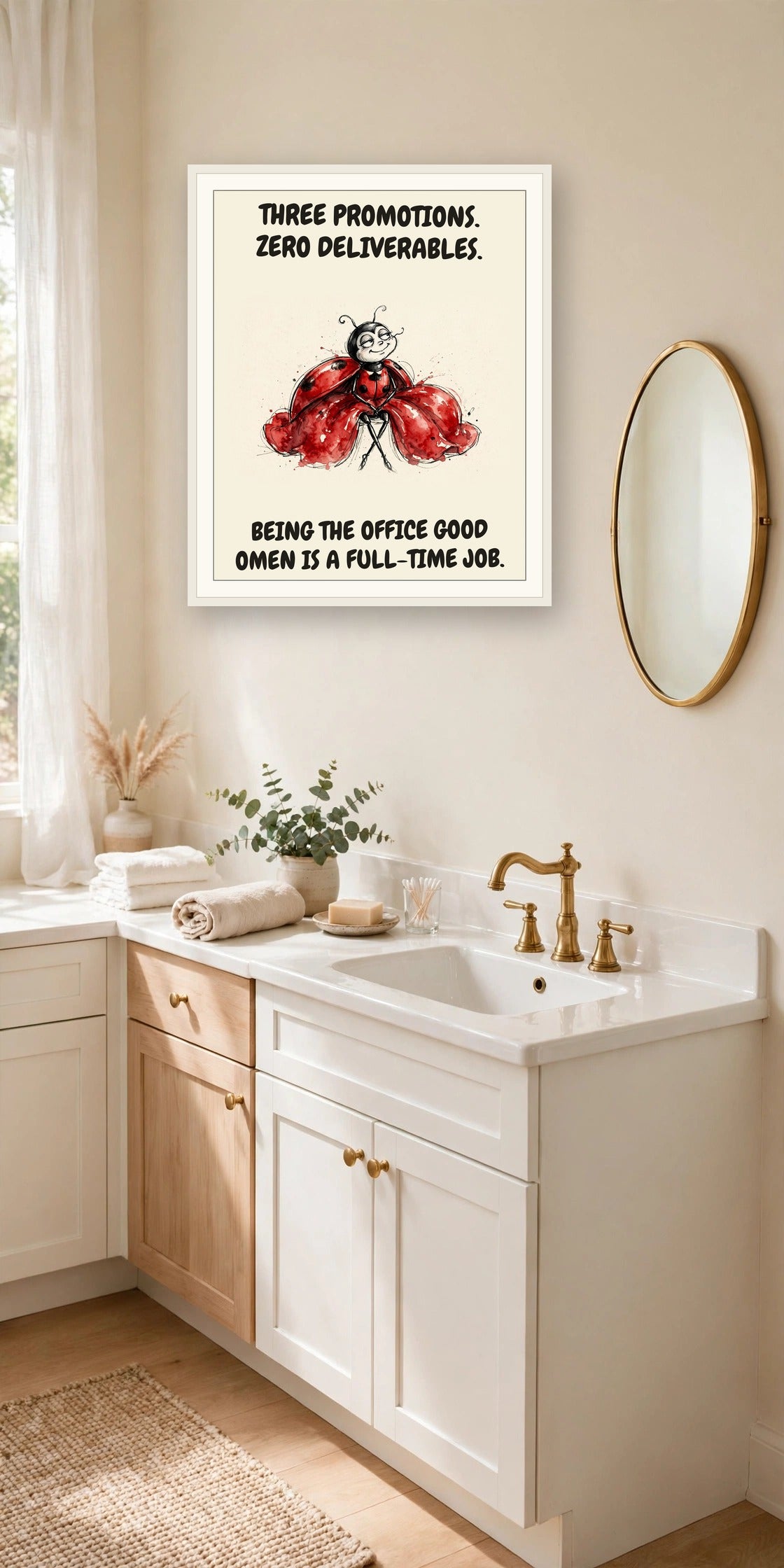 The same print shown hanging in an office — frame for display only, not included