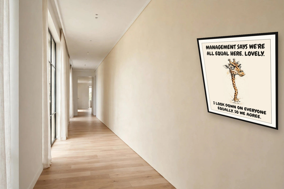 The same print shown hanging in an office — frame for display only, not included