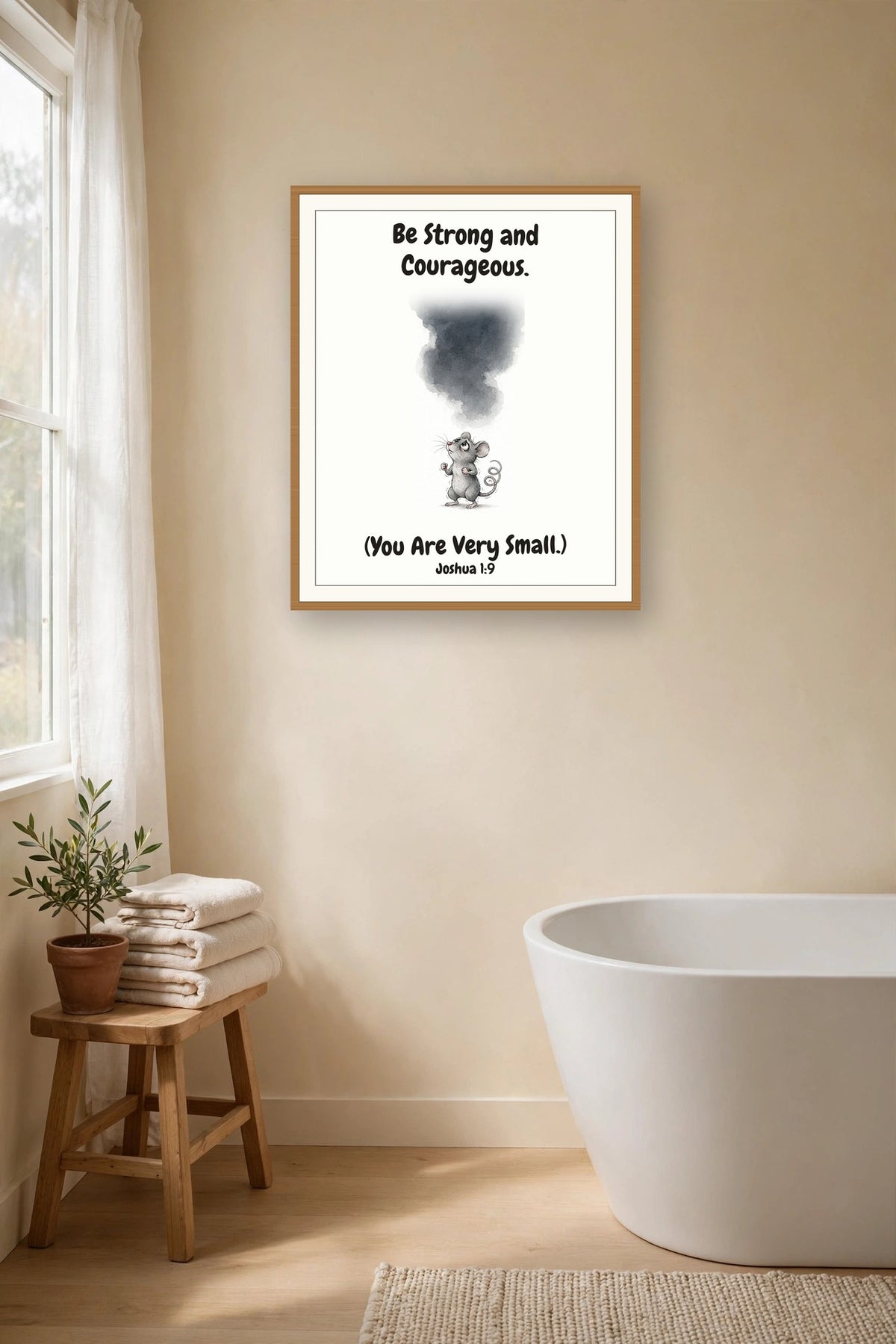 The same print shown hanging on a wall — frame for display only, not included