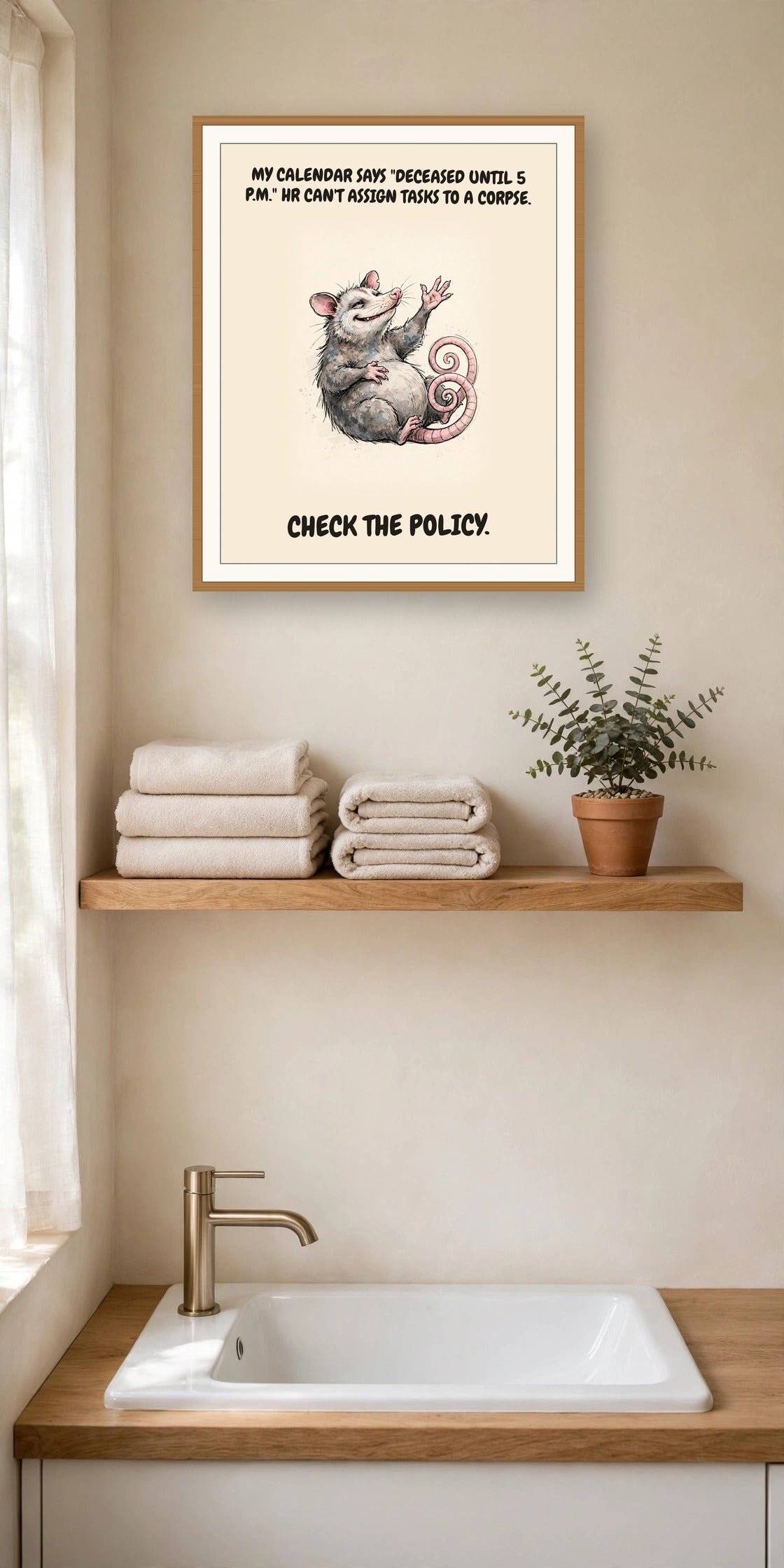 The same print shown hanging in an office — frame for display only, not included