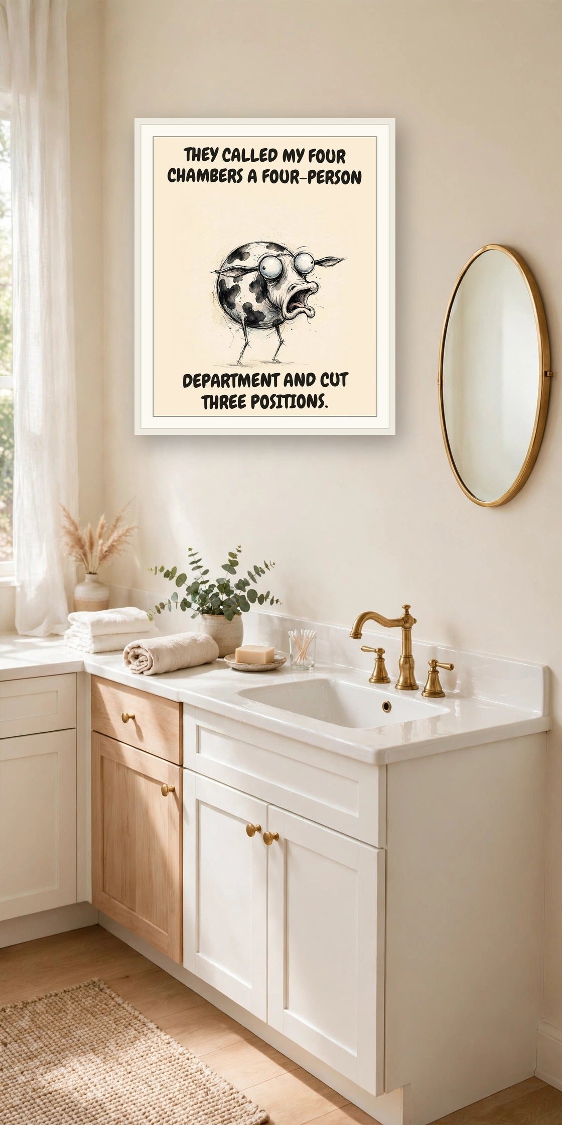 The same print shown hanging in an office — frame for display only, not included