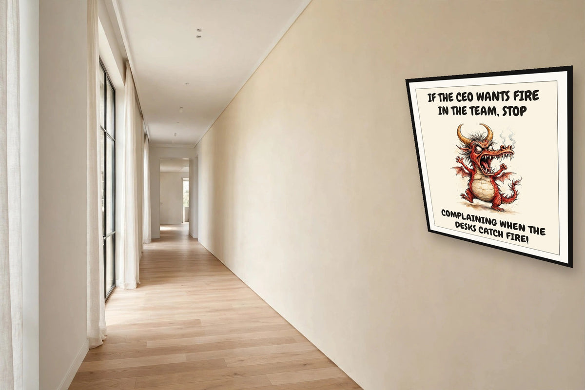 The same print shown hanging in an office — frame for display only, not included