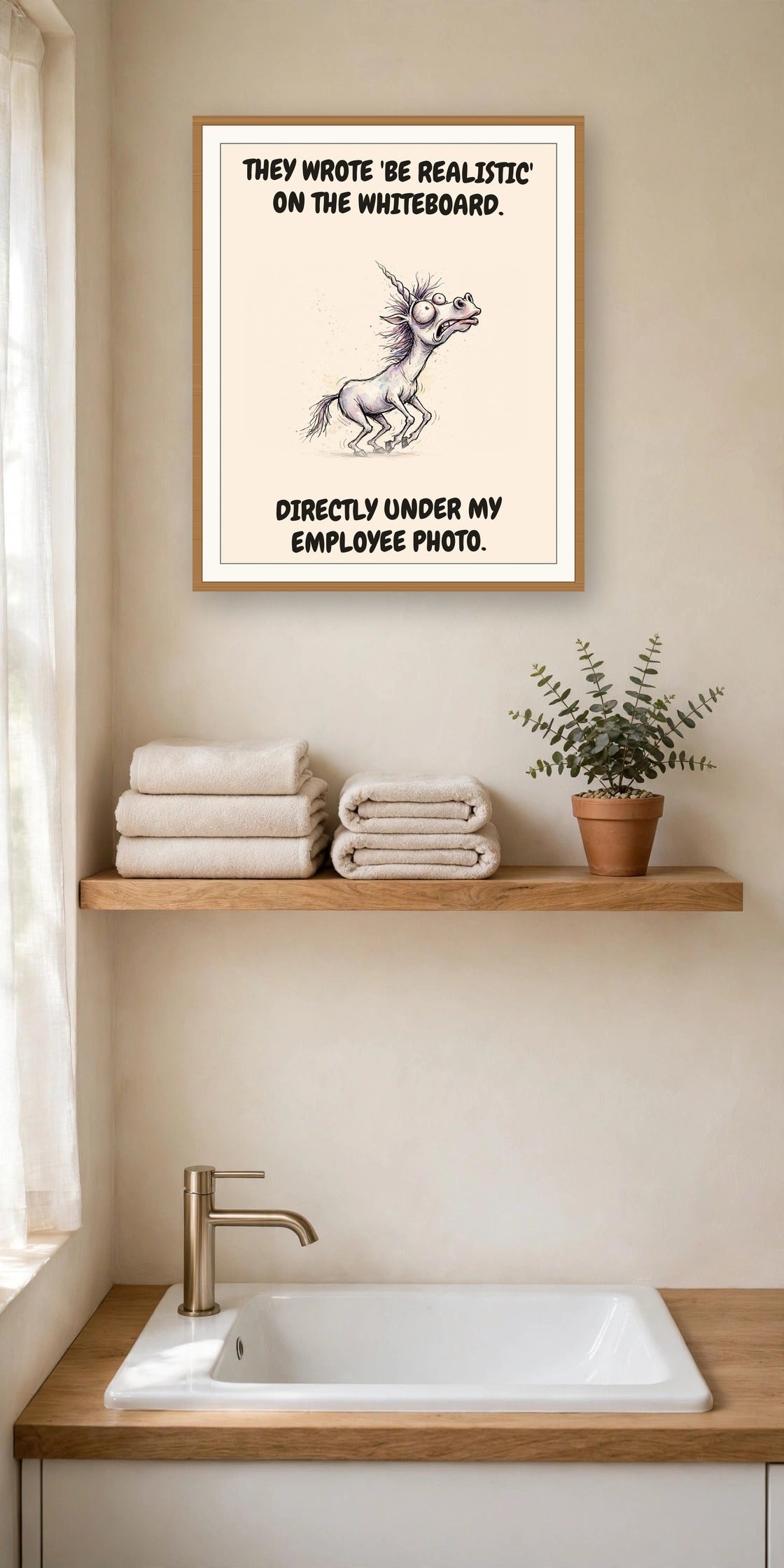The same print shown hanging in an office — frame for display only, not included