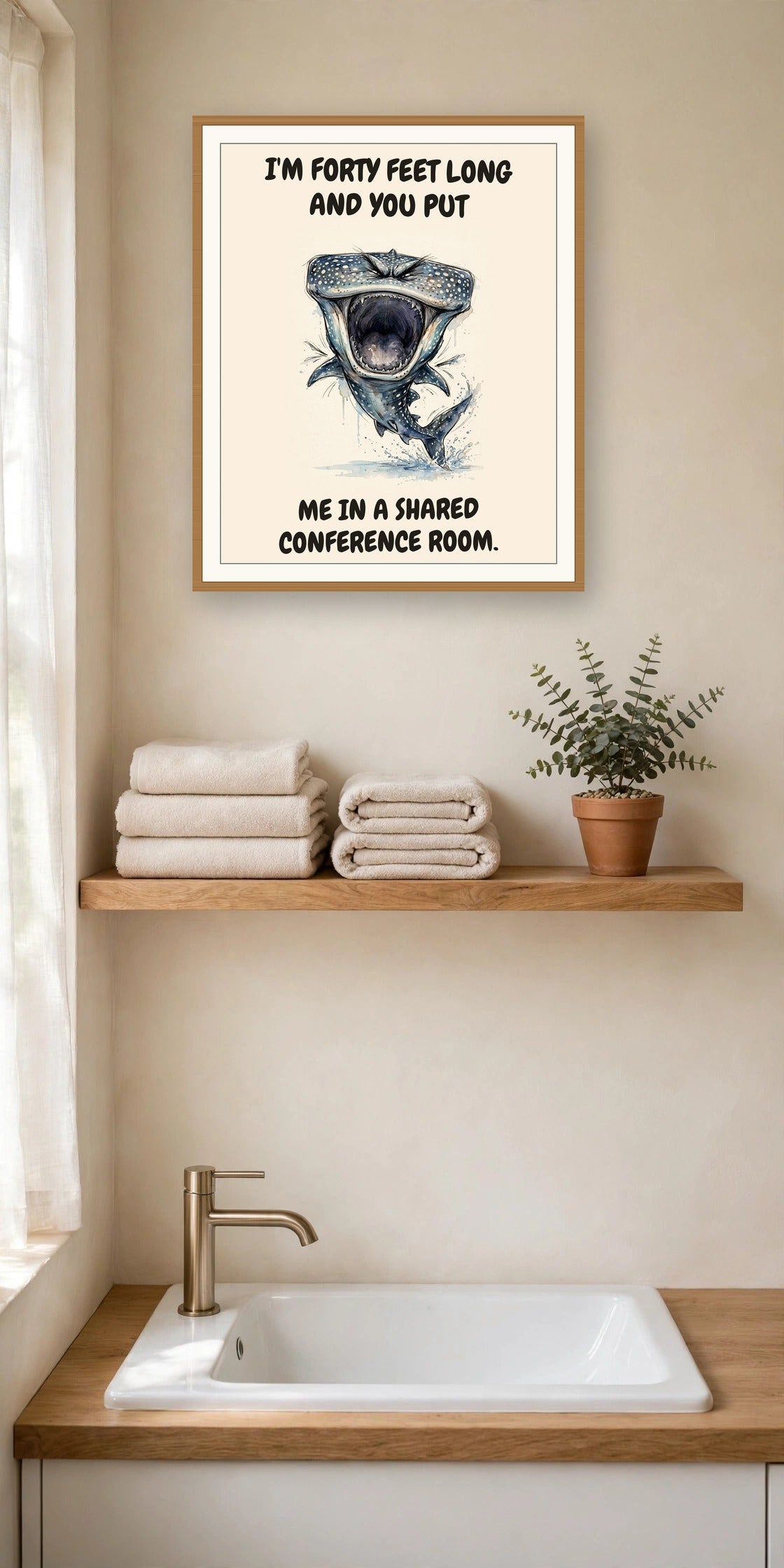 The same print shown hanging in an office — frame for display only, not included
