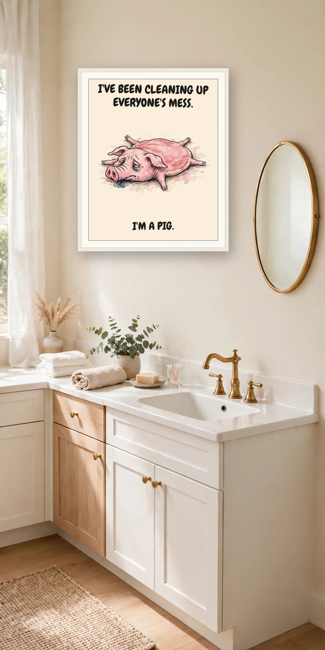 The same print shown hanging in an office — frame for display only, not included