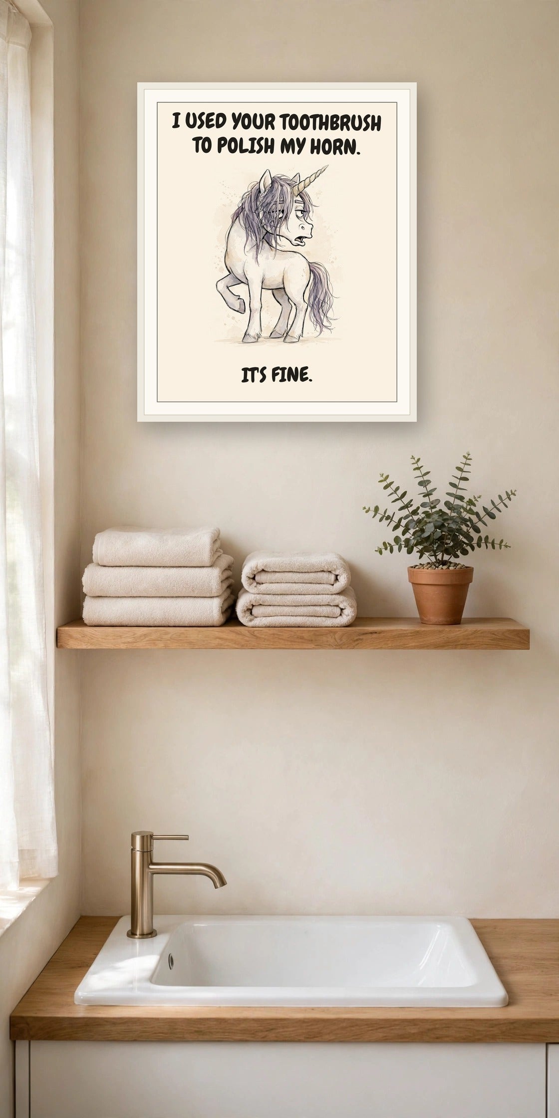 The same print shown hanging in a bathroom — frame for display only, not included