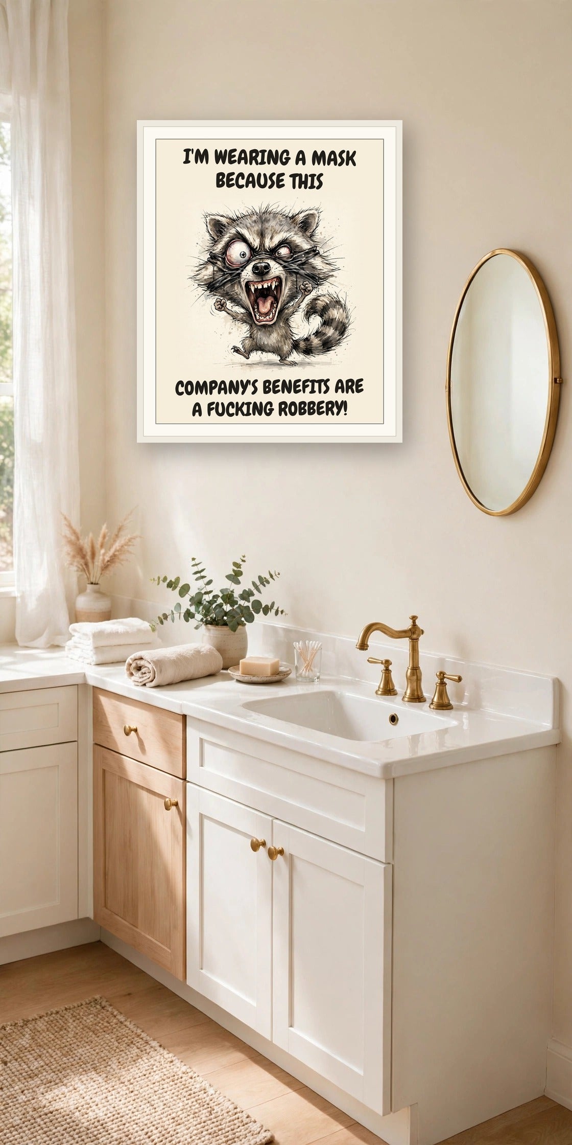 The same print shown hanging in an office — frame for display only, not included
