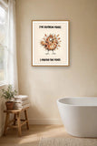 The same print shown hanging in a bathroom — frame for display only, not included