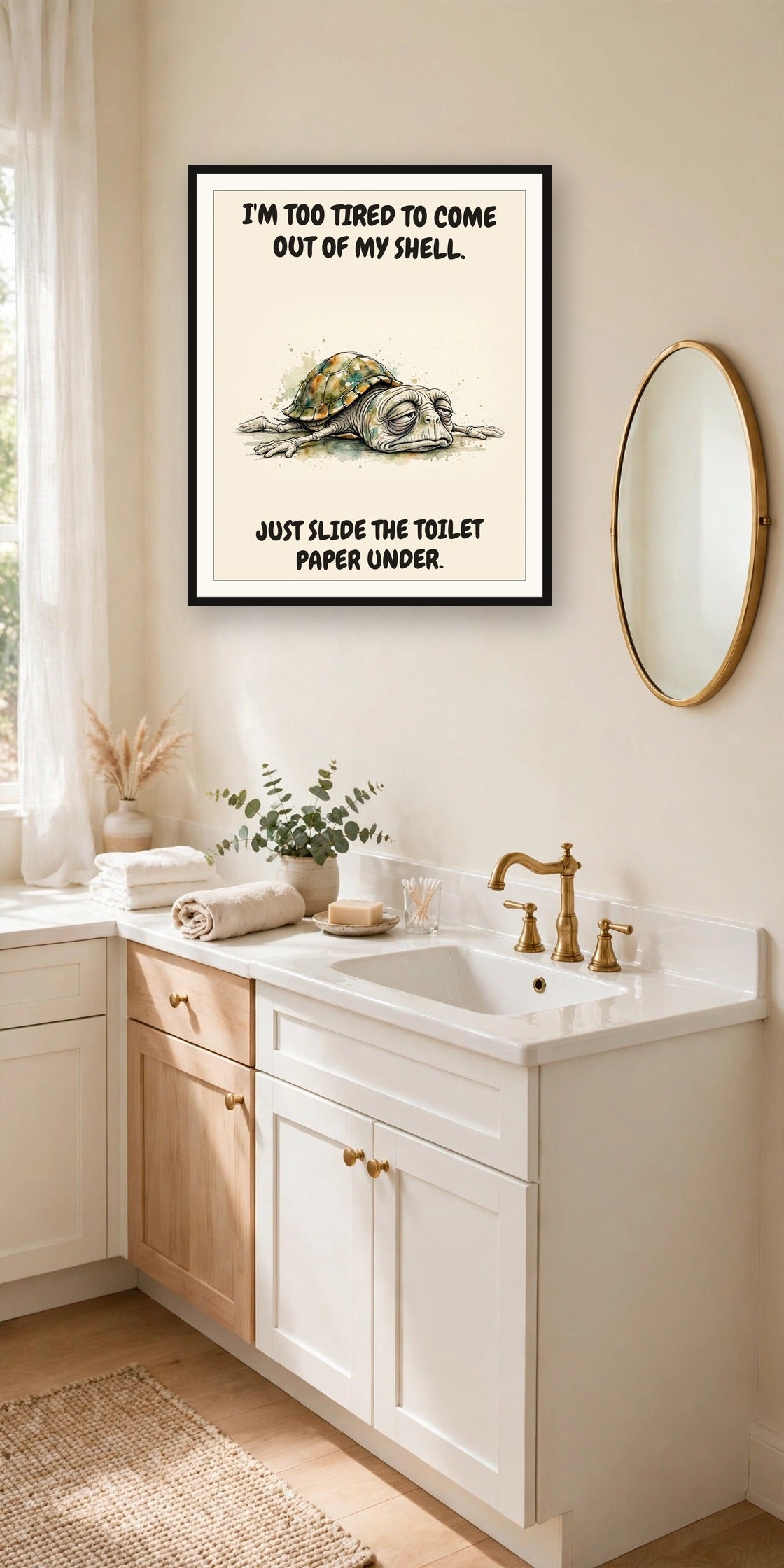 The same print shown hanging in a bathroom — frame for display only, not included