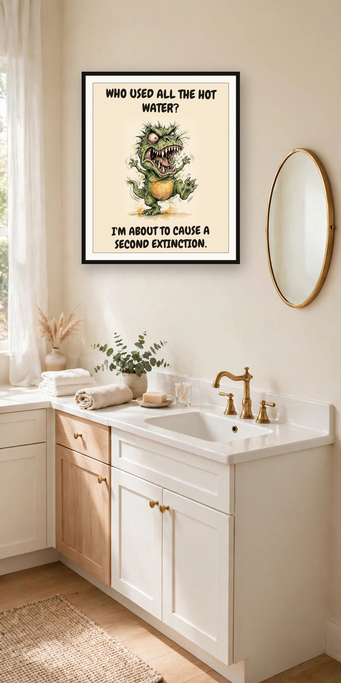 The same print shown hanging in a bathroom — frame for display only, not included