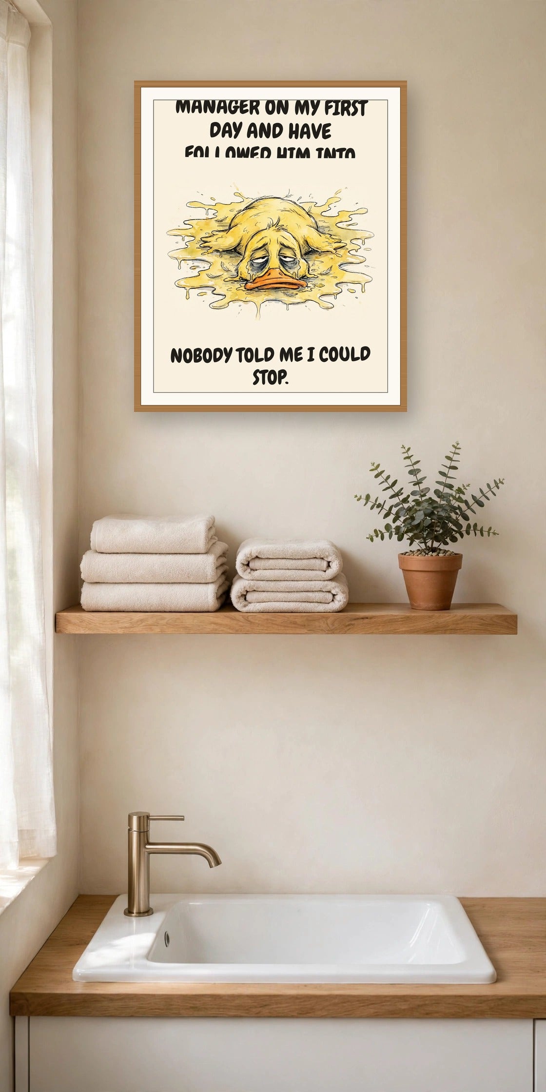 The same print shown hanging in an office — frame for display only, not included