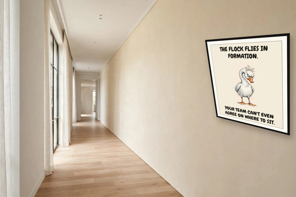 The same print shown hanging in an office — frame for display only, not included