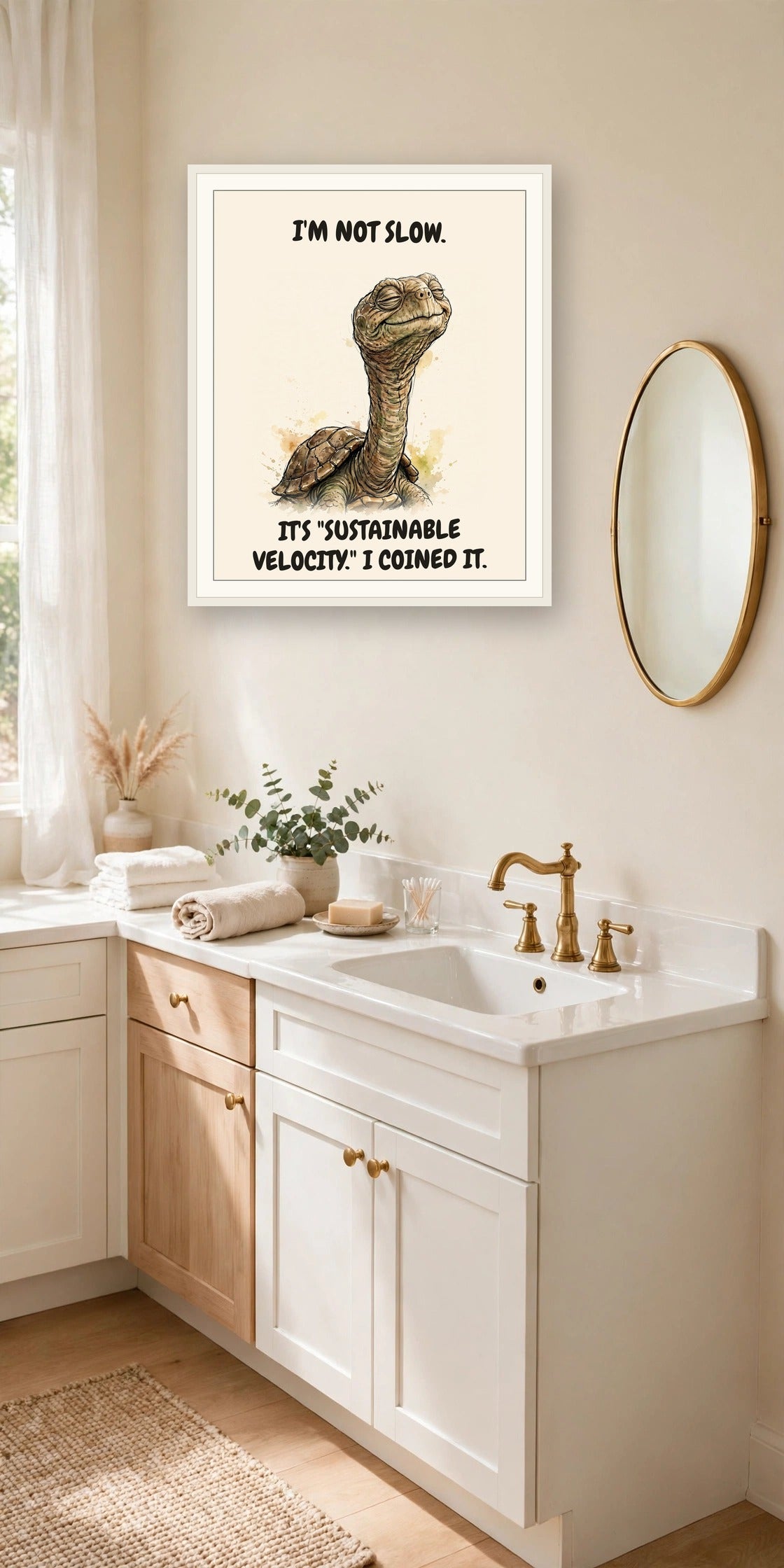 The same print shown hanging in an office — frame for display only, not included