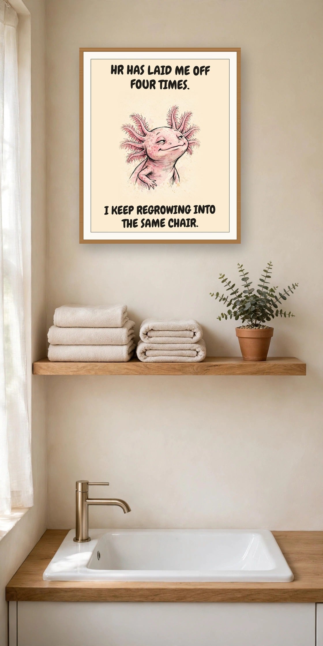 The same print shown hanging in an office — frame for display only, not included