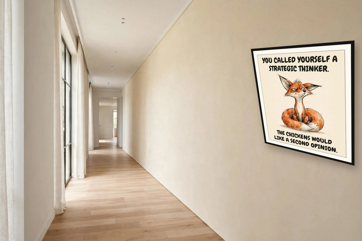 The same print shown hanging in an office — frame for display only, not included