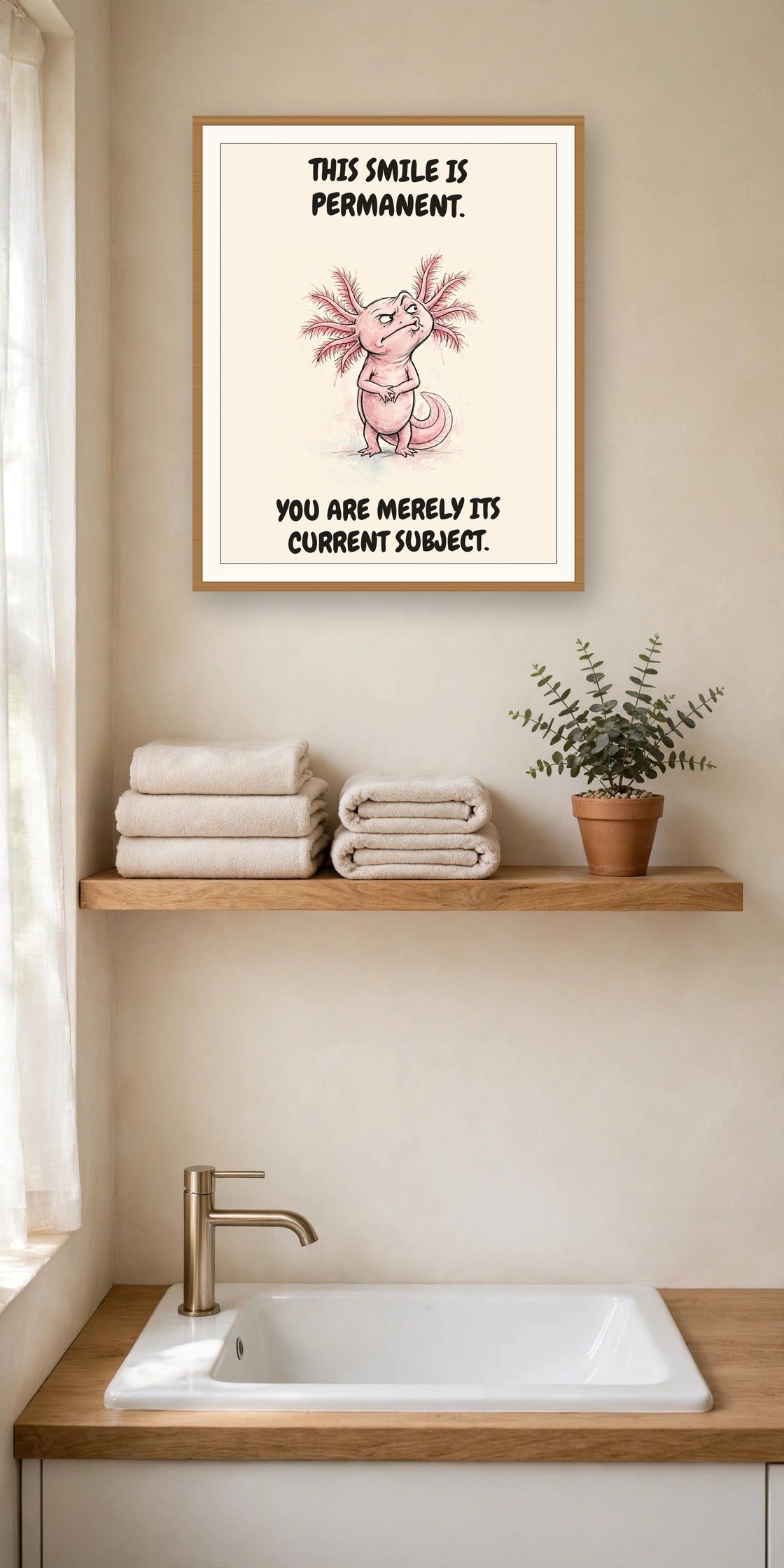 The same print shown hanging in an office — frame for display only, not included