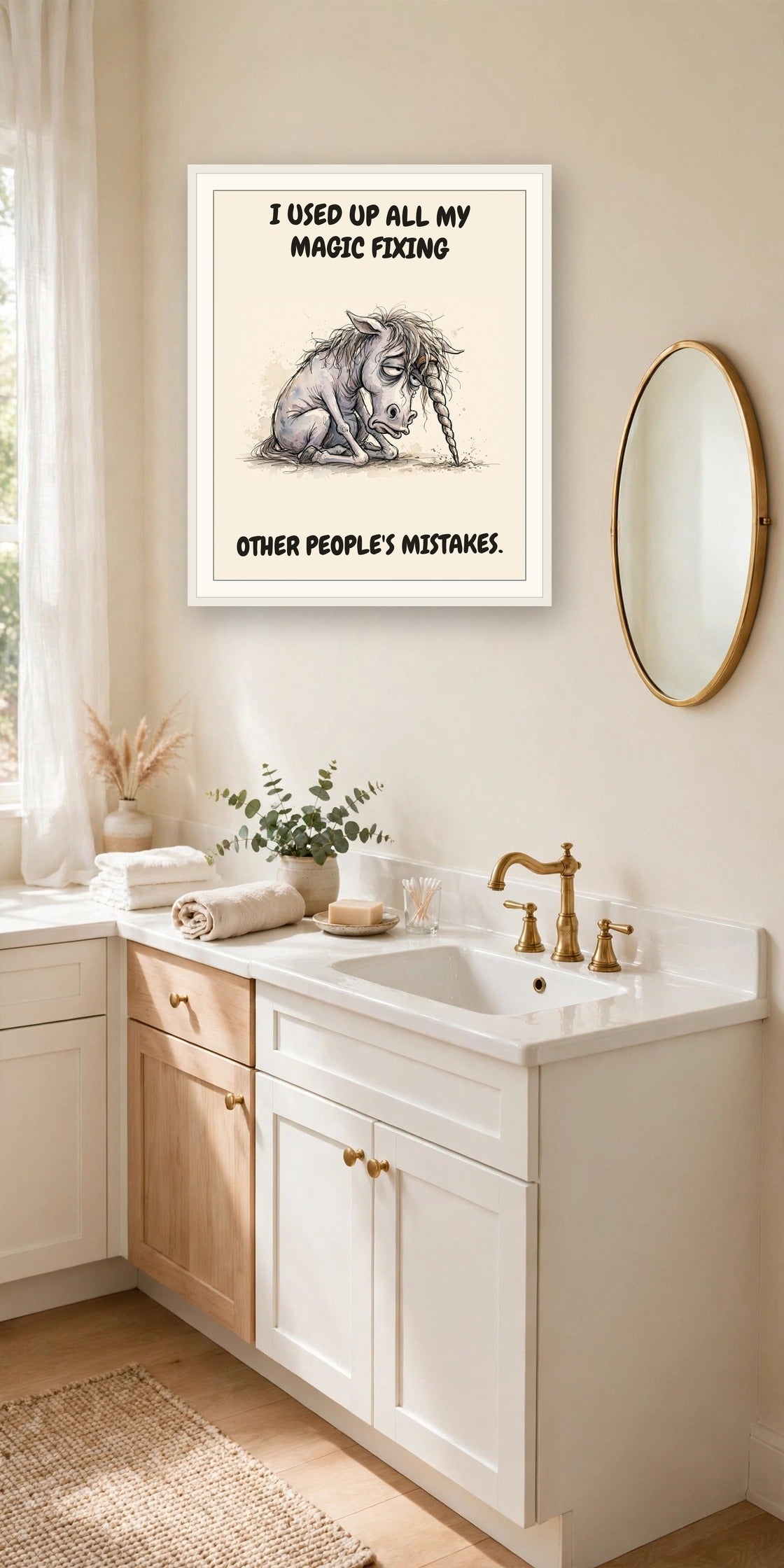 The same print shown hanging in an office — frame for display only, not included