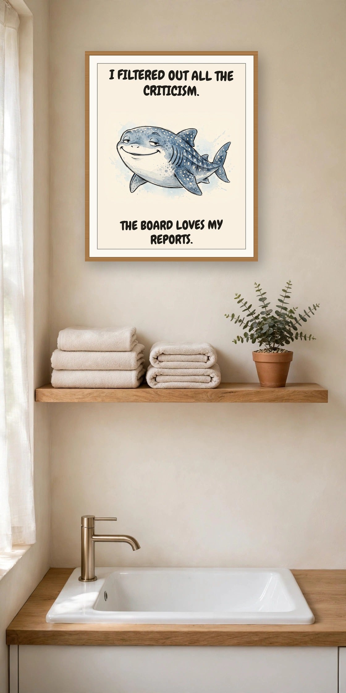 The same print shown hanging in an office — frame for display only, not included