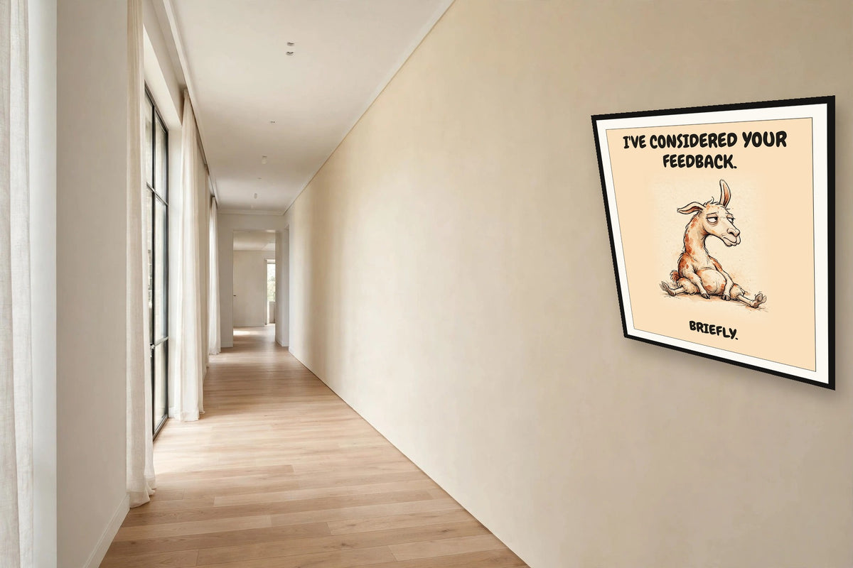 The same print shown hanging in an office — frame for display only, not included