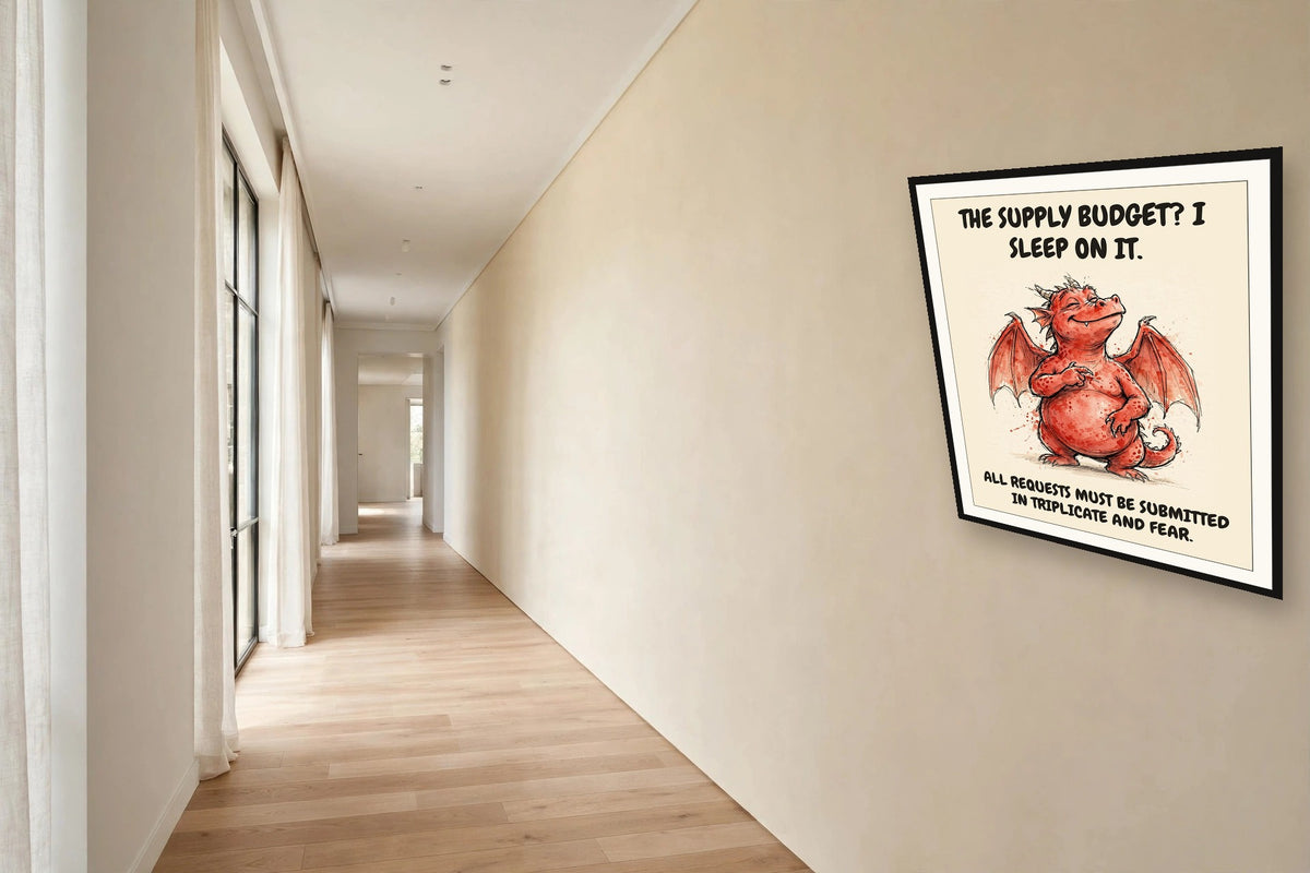 The same print shown hanging in an office — frame for display only, not included