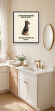 Lifestyle display mockup — frame not included. Smug Doberman Pinscher art print.