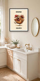 The same print shown hanging in a bathroom — frame for display only, not included