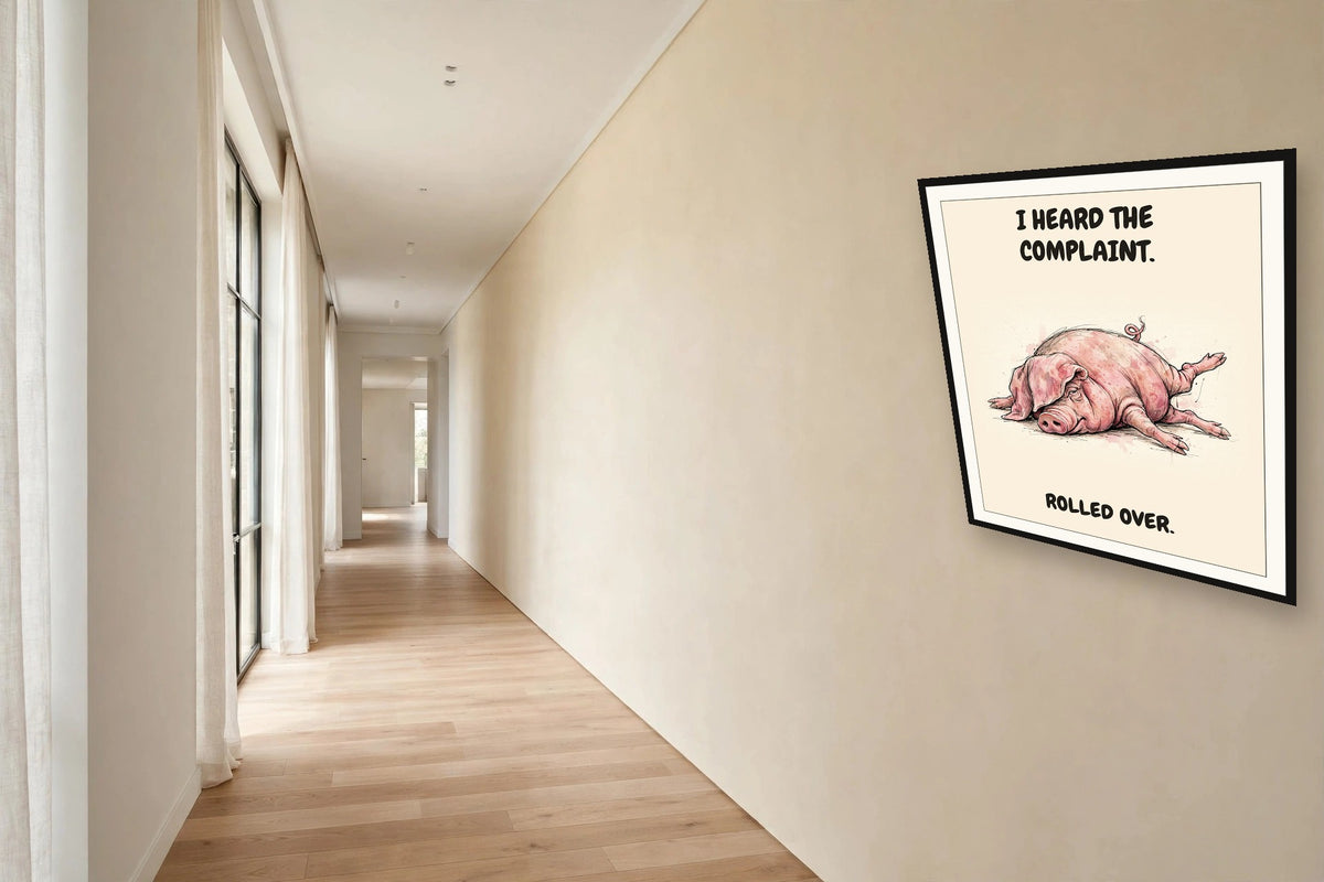 The same print shown hanging in an office — frame for display only, not included