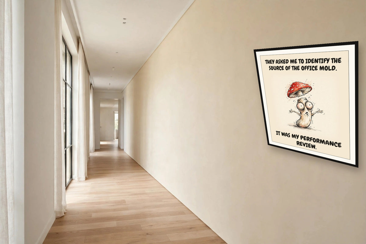 The same print shown hanging in an office — frame for display only, not included