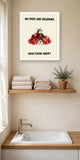 The same print shown hanging in a bathroom — frame for display only, not included