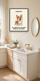 Lifestyle display mockup — frame not included. Furious Pembroke Welsh Corgi art print.