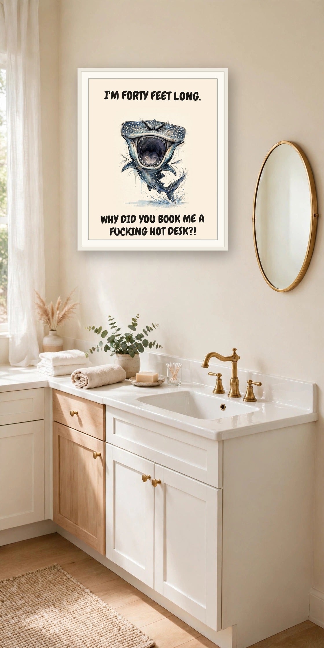 The same print shown hanging in an office — frame for display only, not included