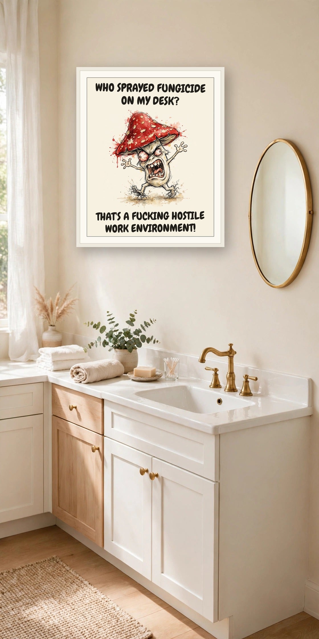 The same print shown hanging in an office — frame for display only, not included