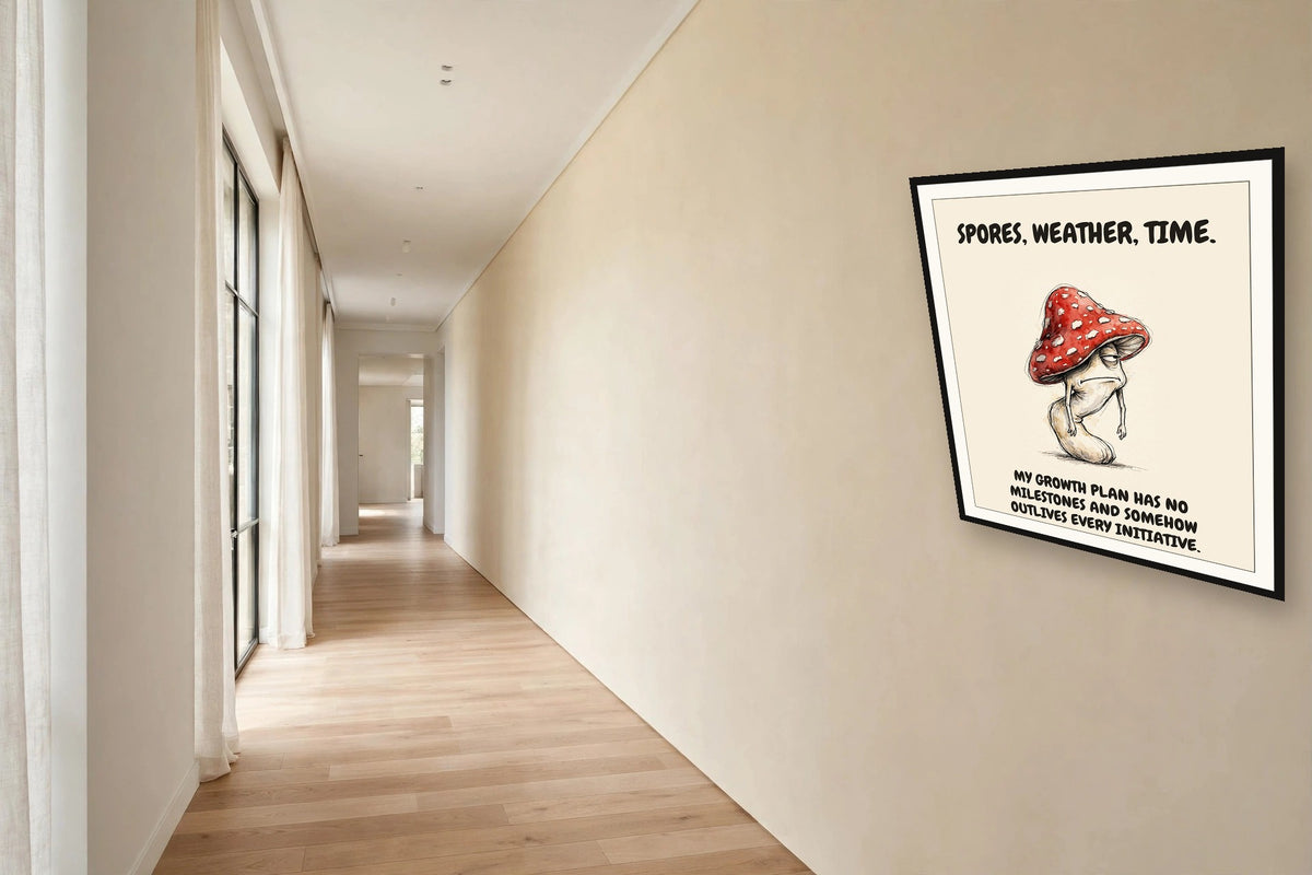 The same print shown hanging in an office — frame for display only, not included