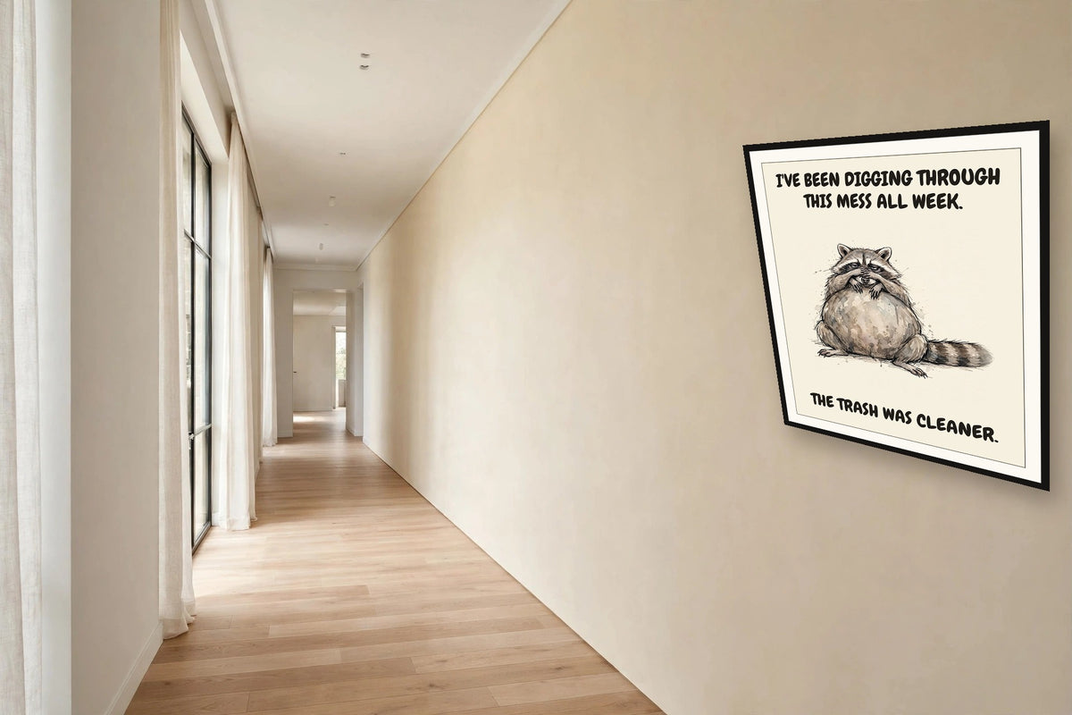 The same print shown hanging in an office — frame for display only, not included
