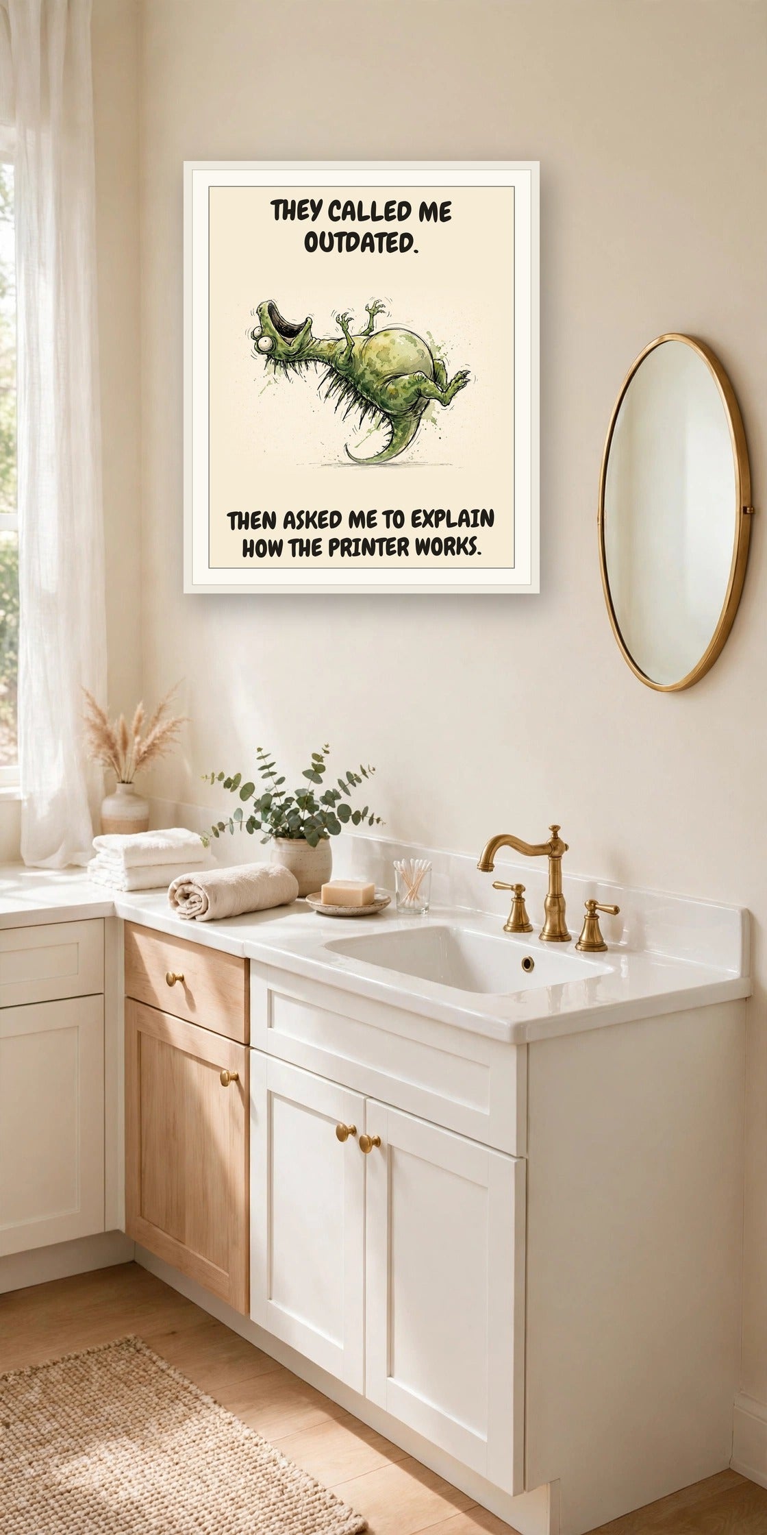 The same print shown hanging in an office — frame for display only, not included