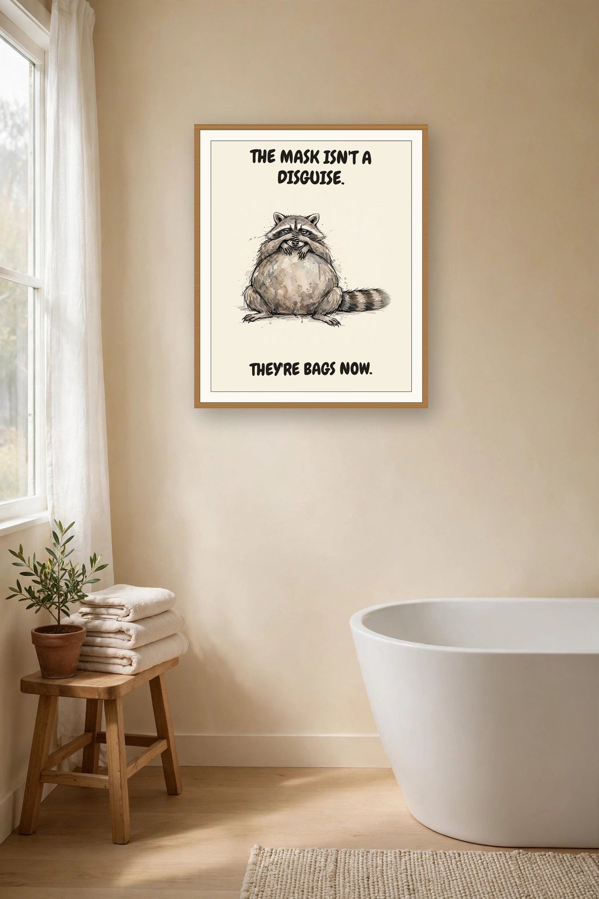 The same print shown hanging in a bathroom — frame for display only, not included