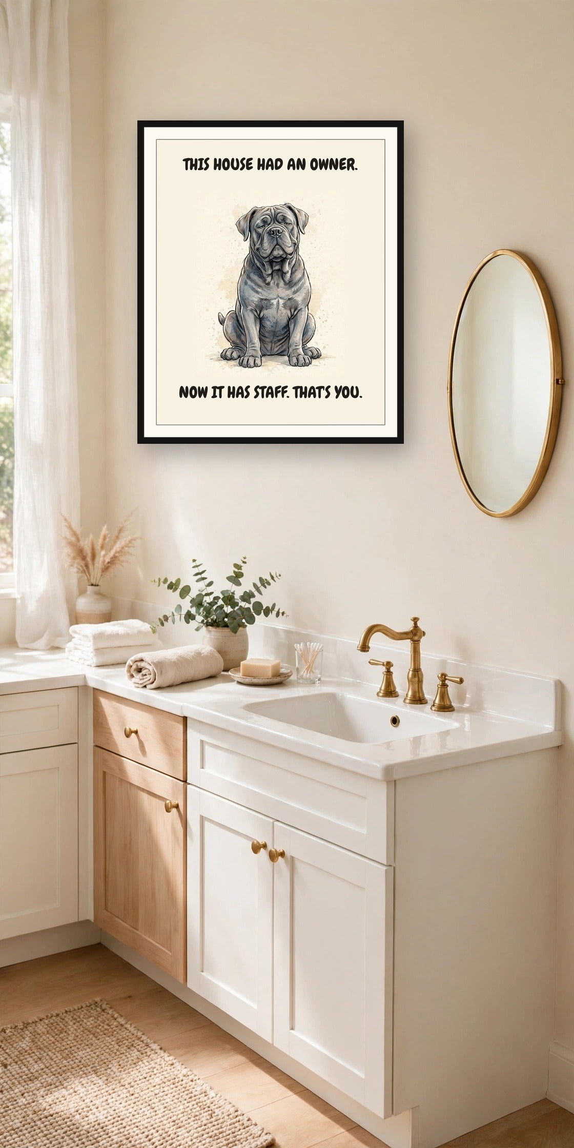 Lifestyle display mockup — frame not included. Smug Cane Corso art print.
