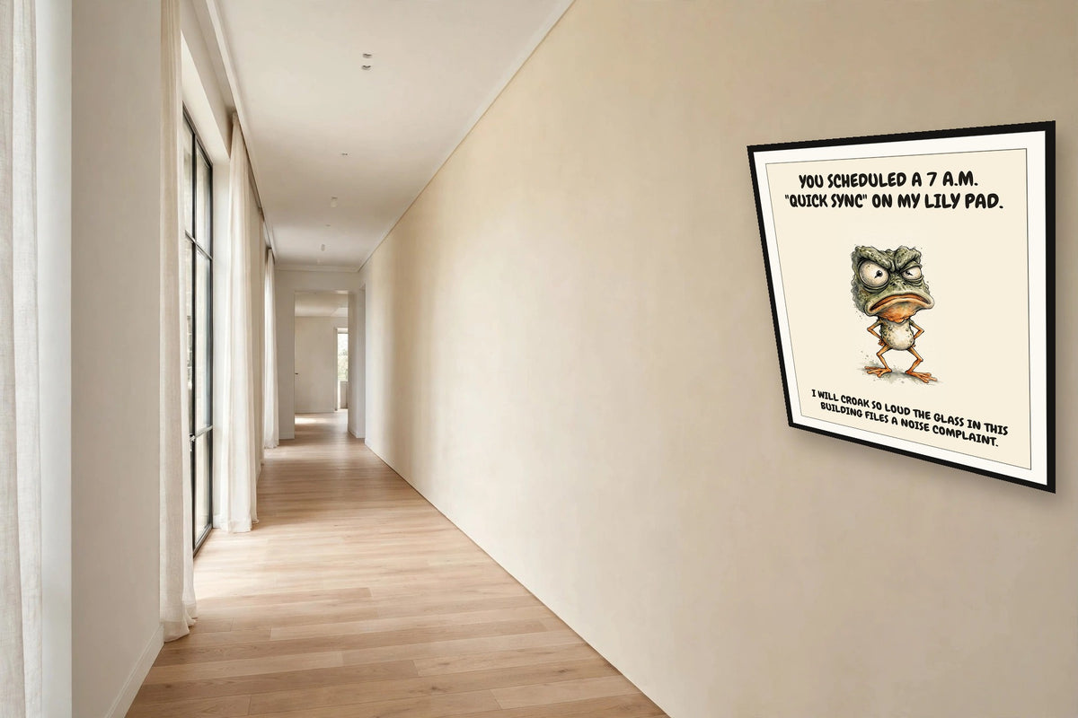 The same print shown hanging in an office — frame for display only, not included