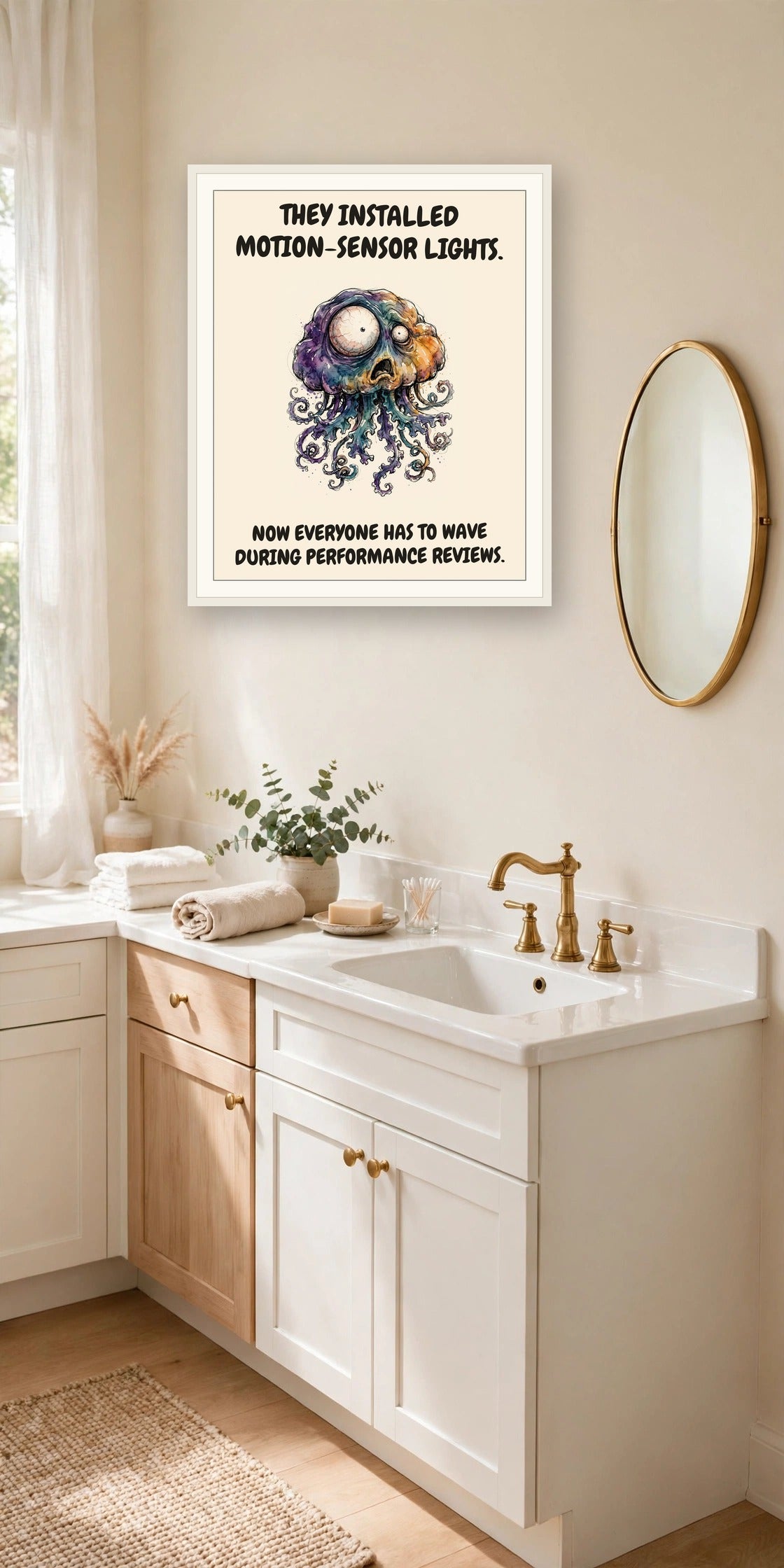 The same print shown hanging in an office — frame for display only, not included