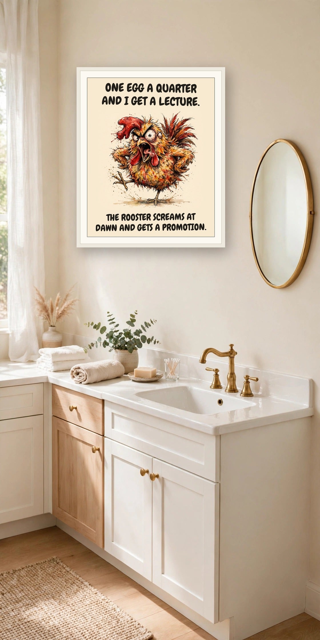 The same print shown hanging in an office — frame for display only, not included