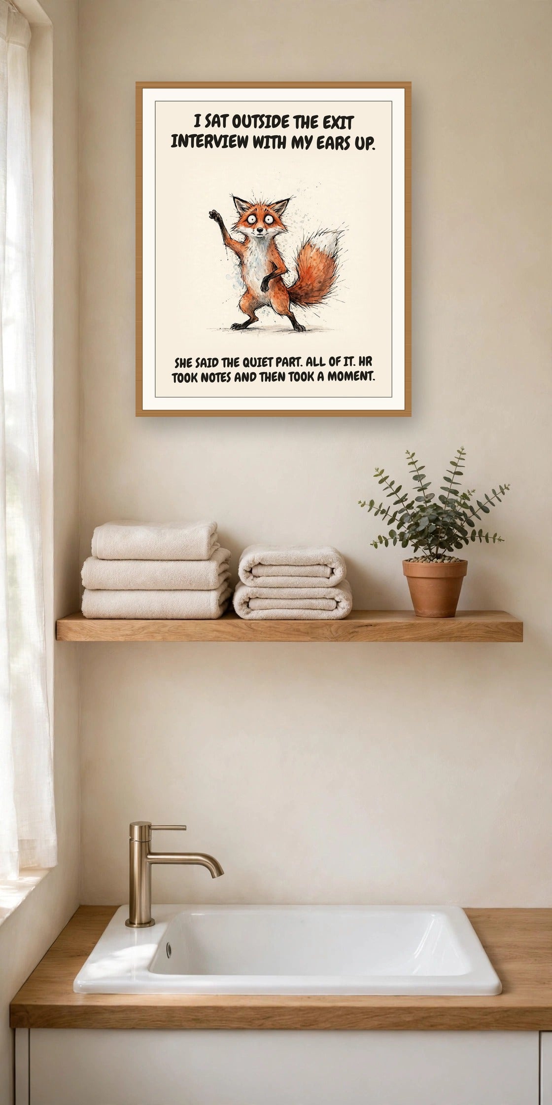 The same print shown hanging in an office — frame for display only, not included