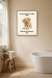Lifestyle display mockup — frame not included. Horrified Golden Retriever art print.