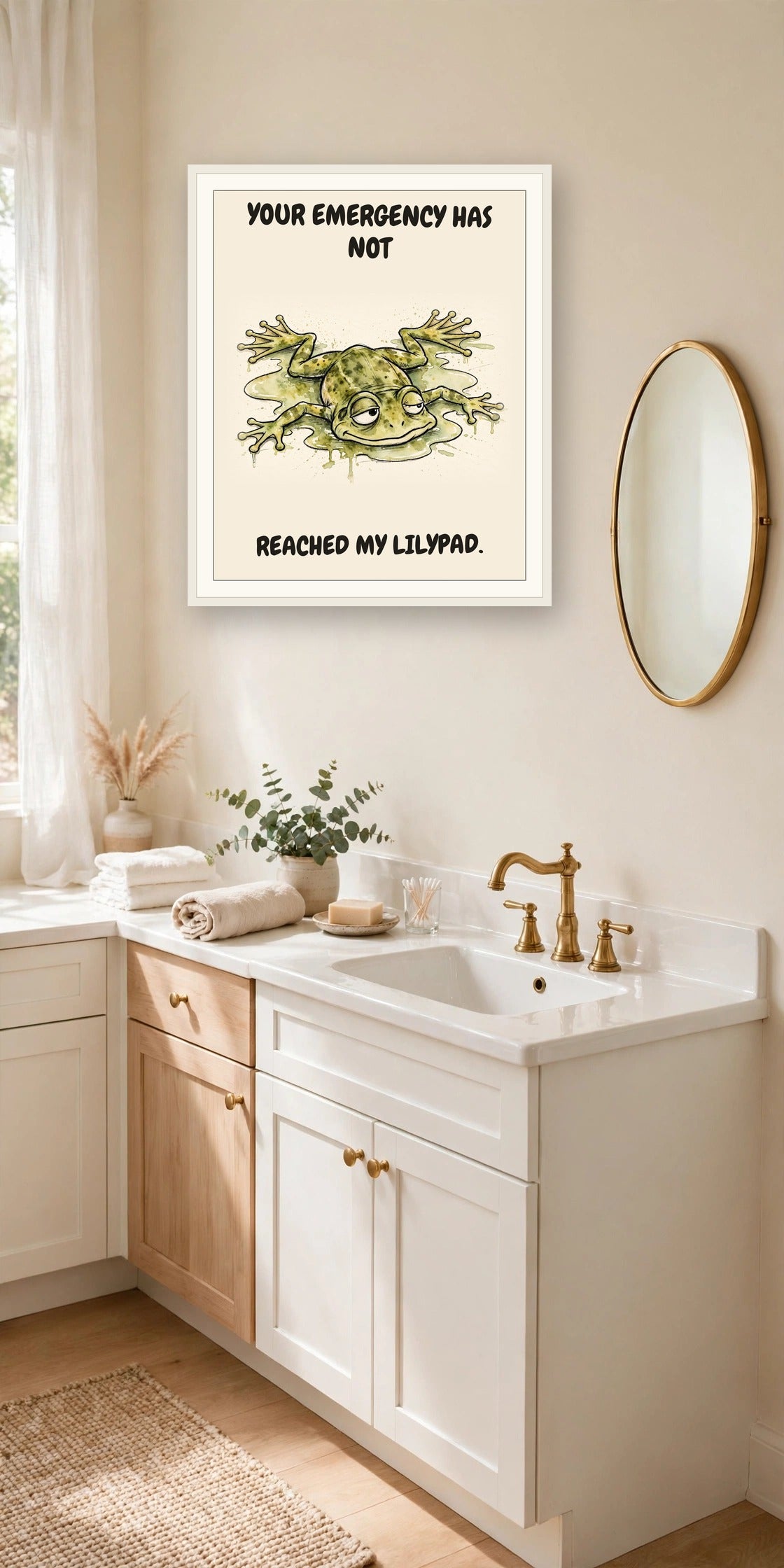 The same print shown hanging in an office — frame for display only, not included