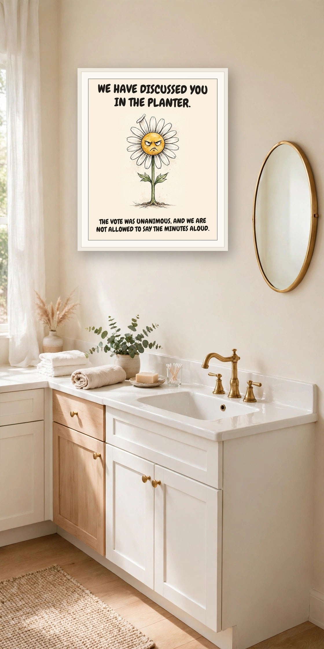 The same print shown hanging in an office — frame for display only, not included
