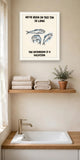 The same print shown hanging in a bathroom — frame for display only, not included