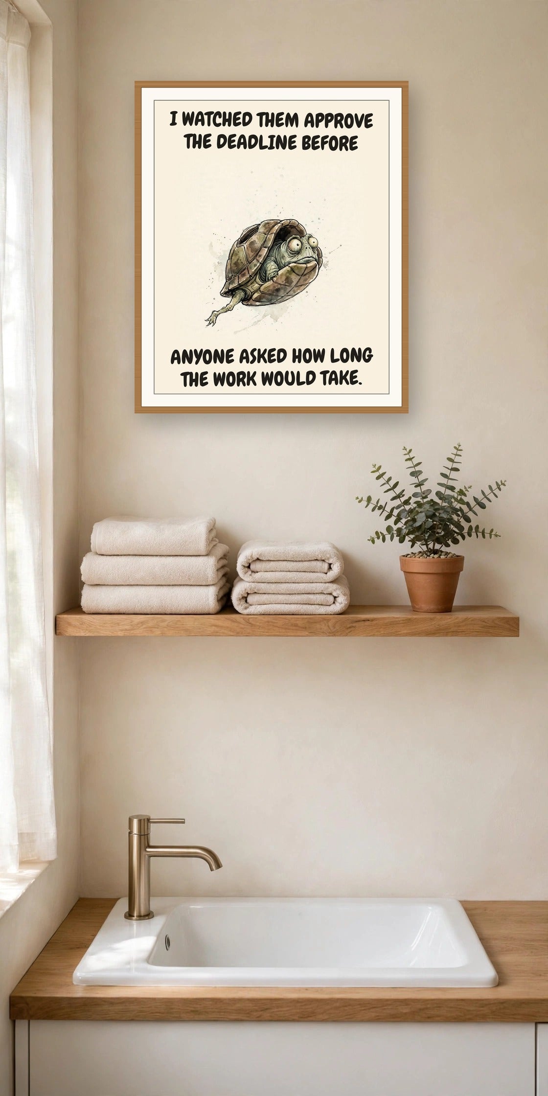 The same print shown hanging in an office — frame for display only, not included