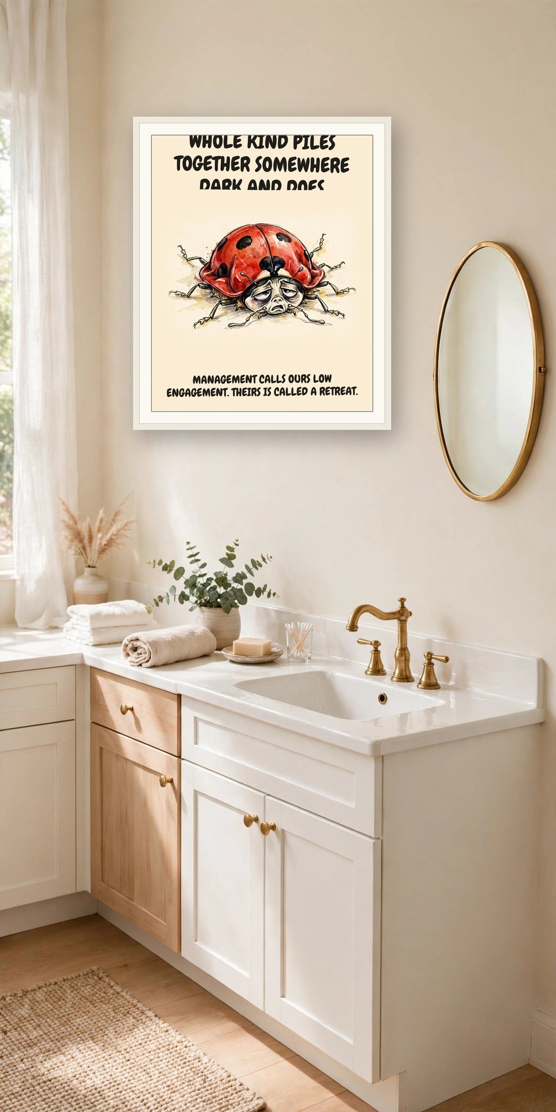 The same print shown hanging in an office — frame for display only, not included