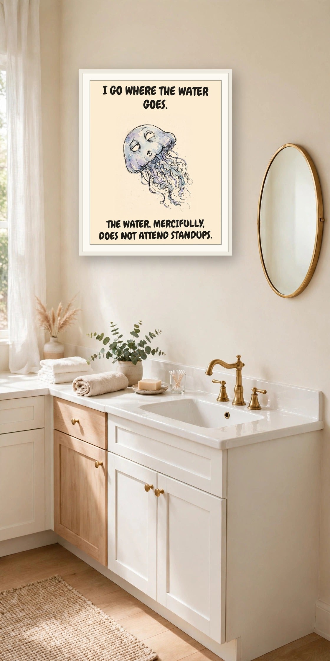 The same print shown hanging in an office — frame for display only, not included