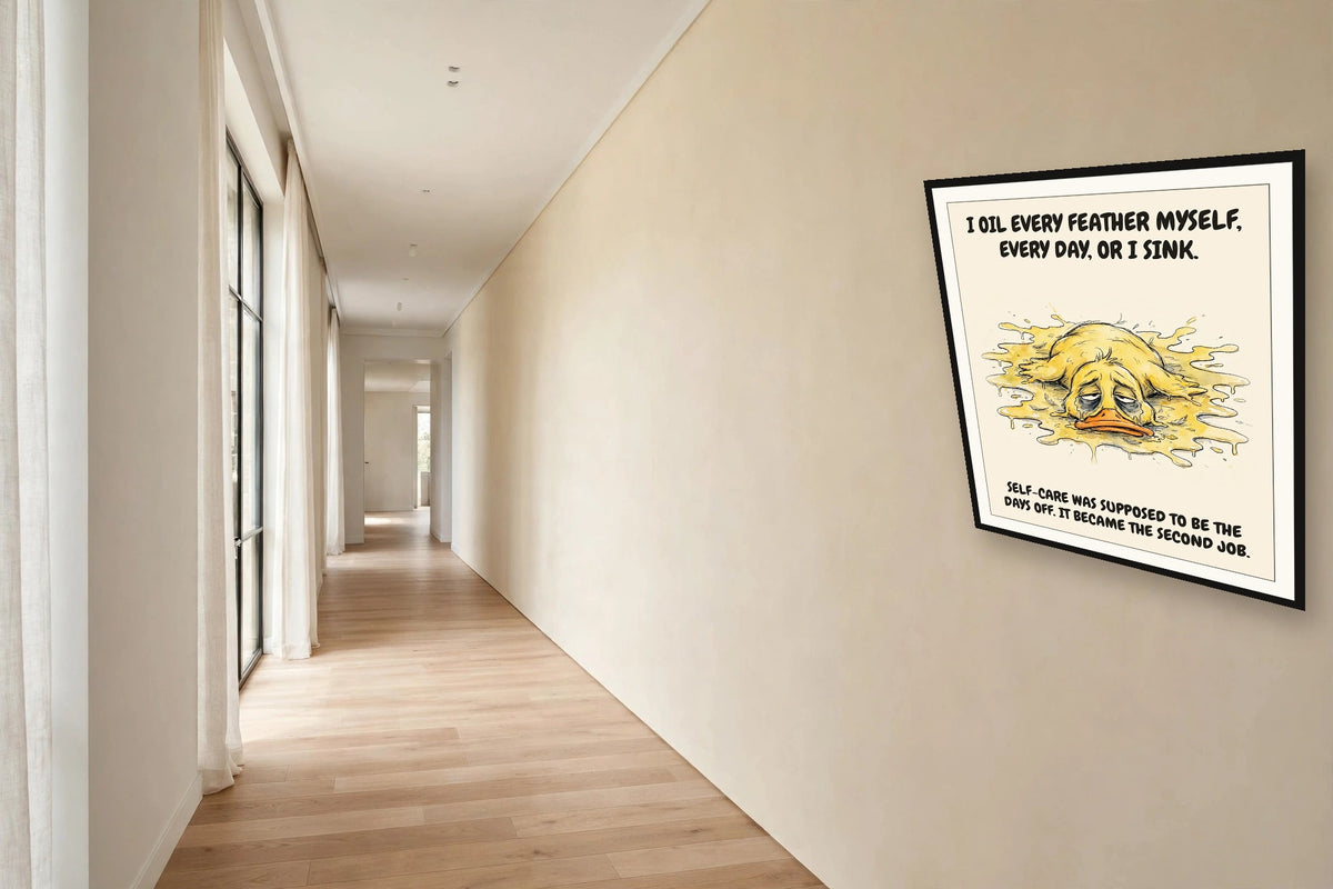 The same print shown hanging in an office — frame for display only, not included